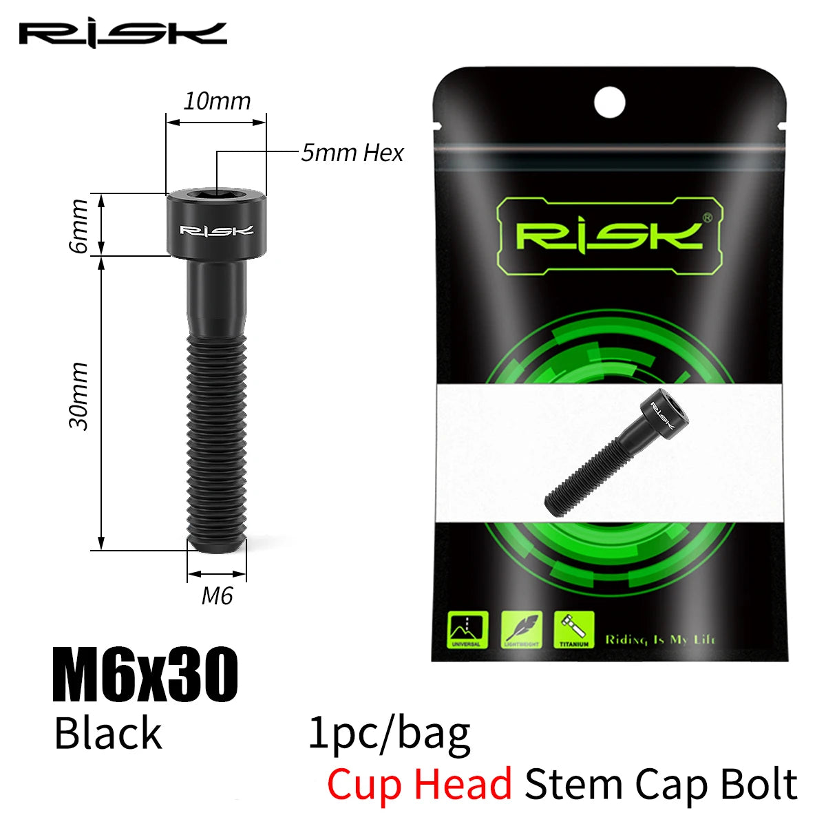 RISK Bicycle Titanium Bolt Screw M6X30 M6X35 M6X40 M6X50 for Bicycle Headset Stem Cap Cover Disc Brake Caliper Flat Allen Head