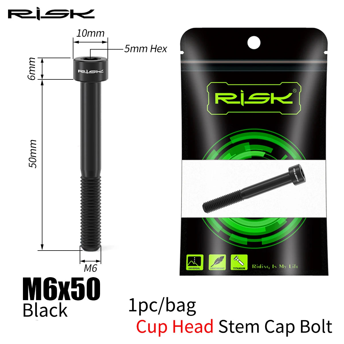 RISK Bicycle Titanium Bolt Screw M6X30 M6X35 M6X40 M6X50 for Bicycle Headset Stem Cap Cover Disc Brake Caliper Flat Allen Head