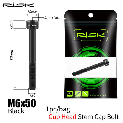 RISK Bicycle Titanium Bolt Screw M6X30 M6X35 M6X40 M6X50 for Bicycle Headset Stem Cap Cover Disc Brake Caliper Flat Allen Head