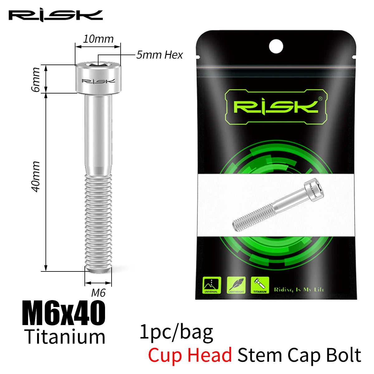 RISK Bicycle Titanium Bolt Screw M6X30 M6X35 M6X40 M6X50 for Bicycle Headset Stem Cap Cover Disc Brake Caliper Flat Allen Head
