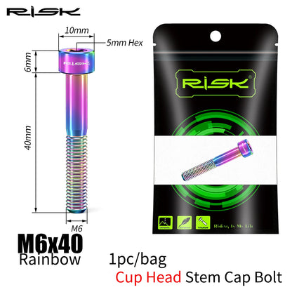 RISK Bicycle Titanium Bolt Screw M6X30 M6X35 M6X40 M6X50 for Bicycle Headset Stem Cap Cover Disc Brake Caliper Flat Allen Head