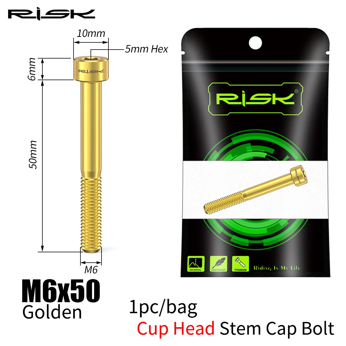 RISK Bicycle Titanium Bolt Screw M6X30 M6X35 M6X40 M6X50 for Bicycle Headset Stem Cap Cover Disc Brake Caliper Flat Allen Head