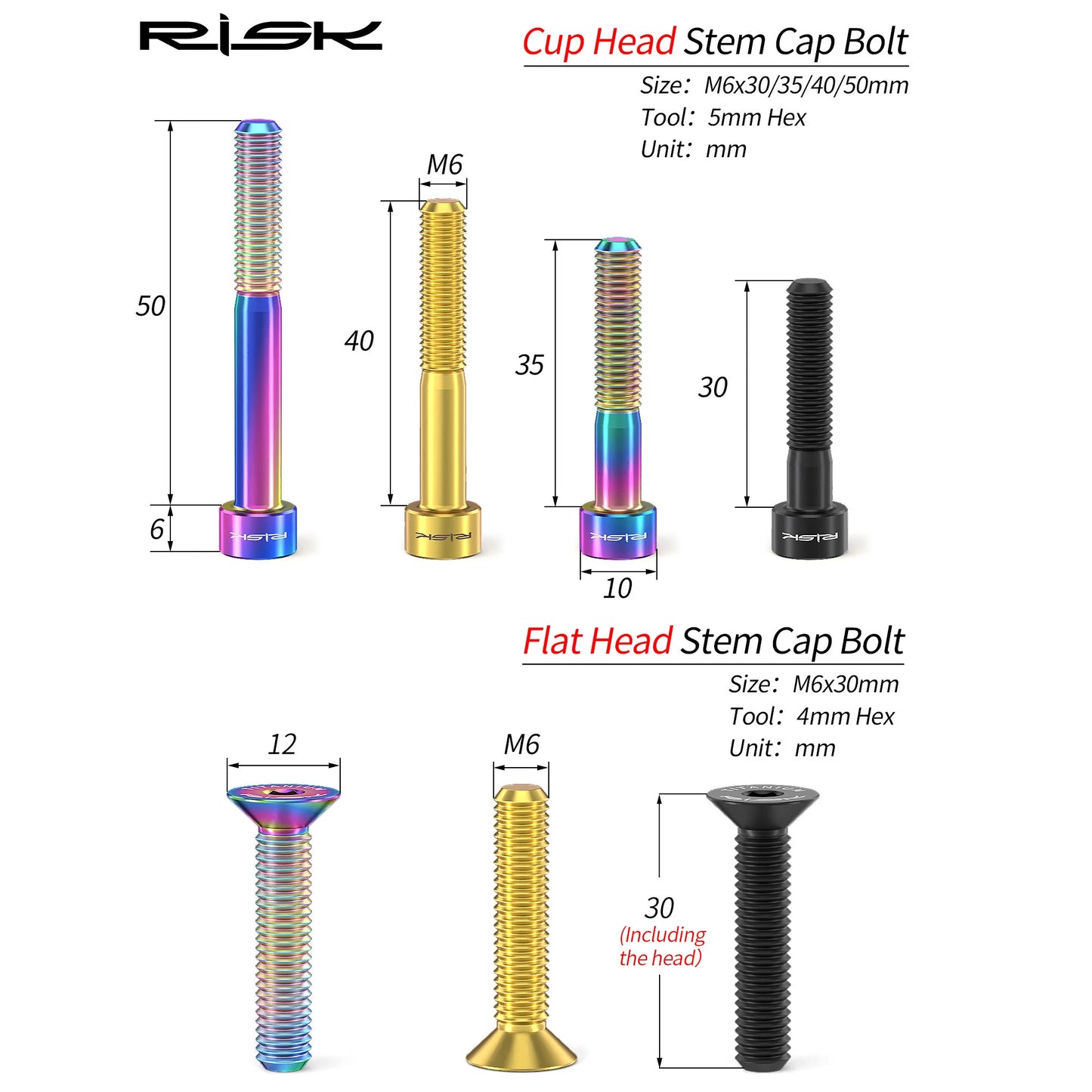 RISK Bicycle Titanium Bolt Screw M6X30 M6X35 M6X40 M6X50 for Bicycle Headset Stem Cap Cover Disc Brake Caliper Flat Allen Head