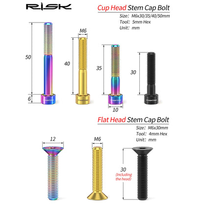 RISK Bicycle Titanium Bolt Screw M6X30 M6X35 M6X40 M6X50 for Bicycle Headset Stem Cap Cover Disc Brake Caliper Flat Allen Head
