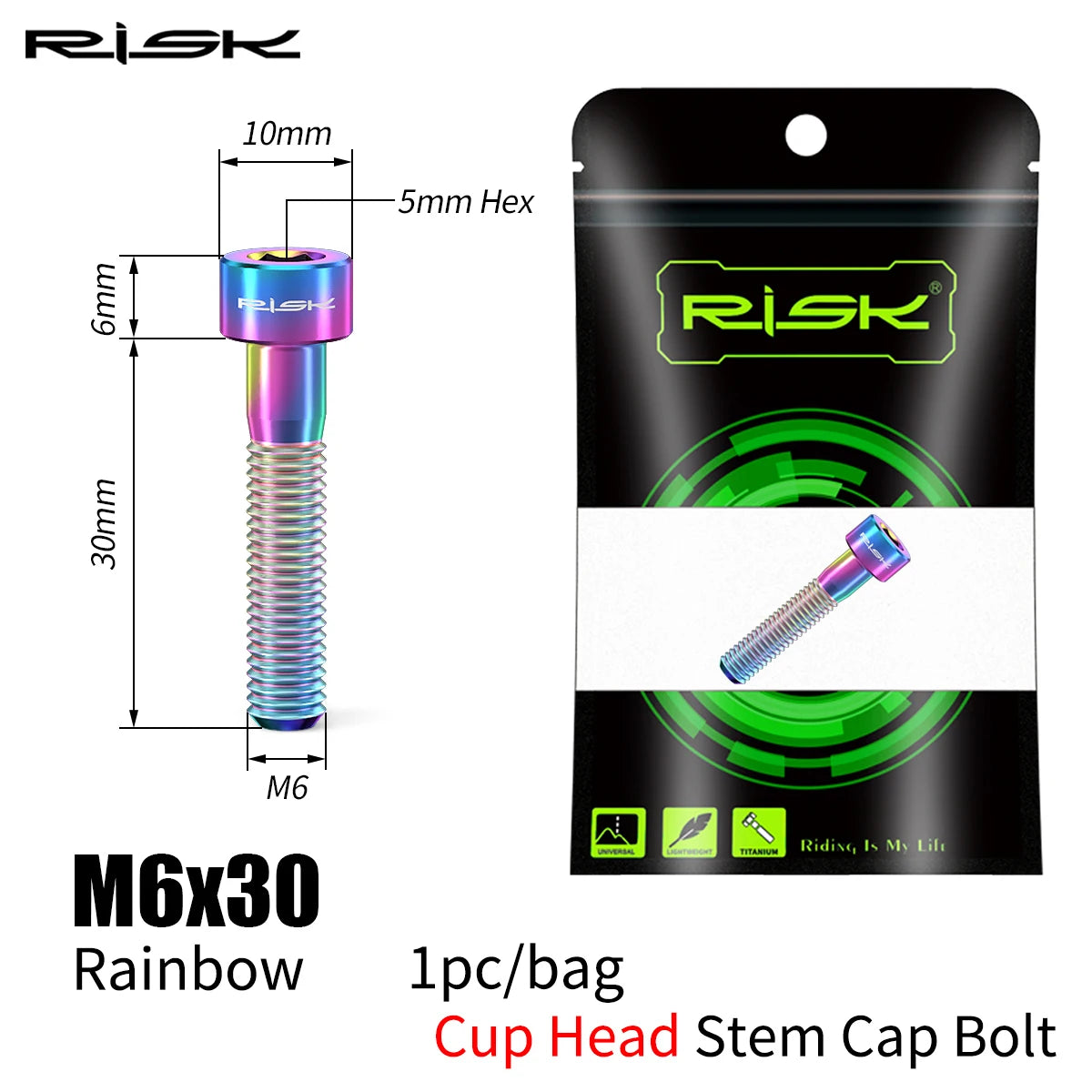 RISK Bicycle Titanium Bolt Screw M6X30 M6X35 M6X40 M6X50 for Bicycle Headset Stem Cap Cover Disc Brake Caliper Flat Allen Head
