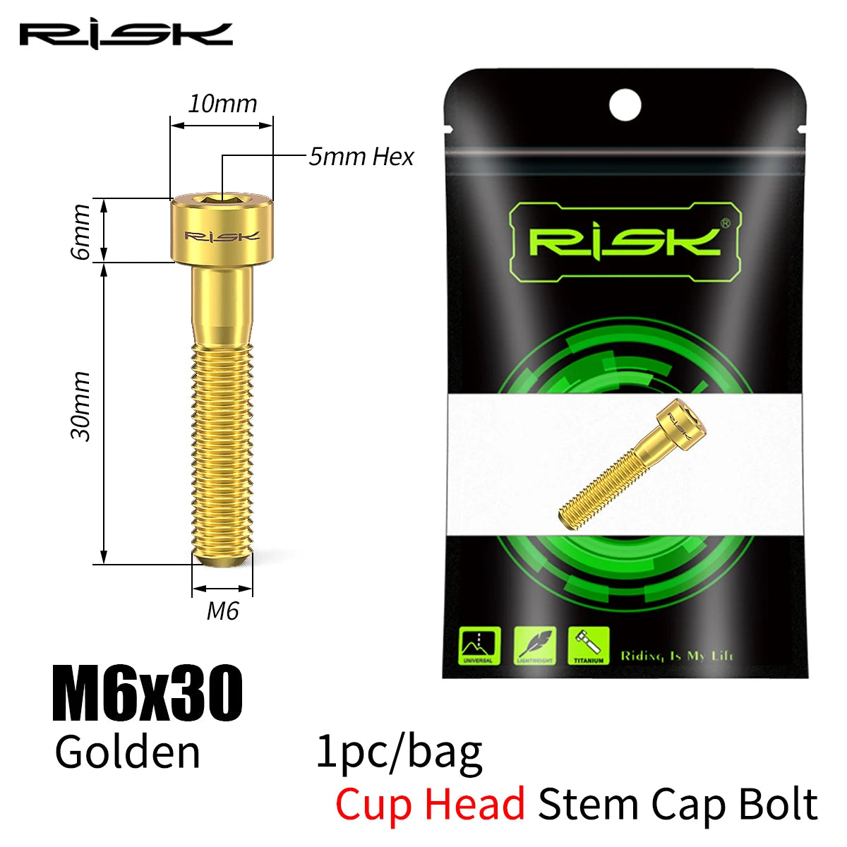 RISK Bicycle Titanium Bolt Screw M6X30 M6X35 M6X40 M6X50 for Bicycle Headset Stem Cap Cover Disc Brake Caliper Flat Allen Head