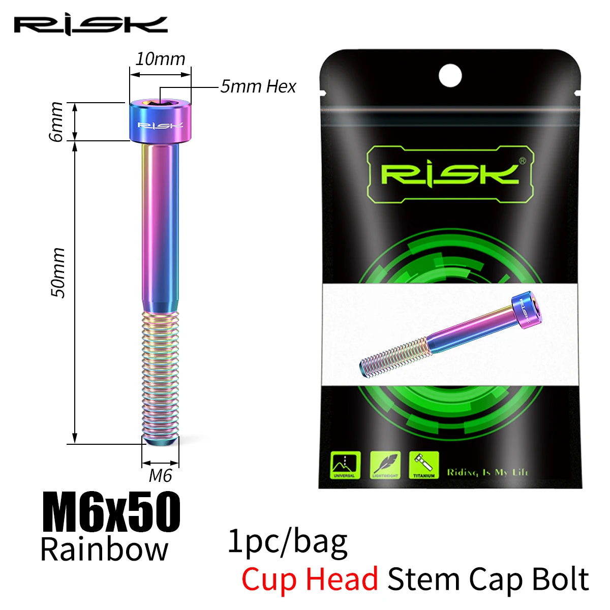RISK Bicycle Titanium Bolt Screw M6X30 M6X35 M6X40 M6X50 for Bicycle Headset Stem Cap Cover Disc Brake Caliper Flat Allen Head