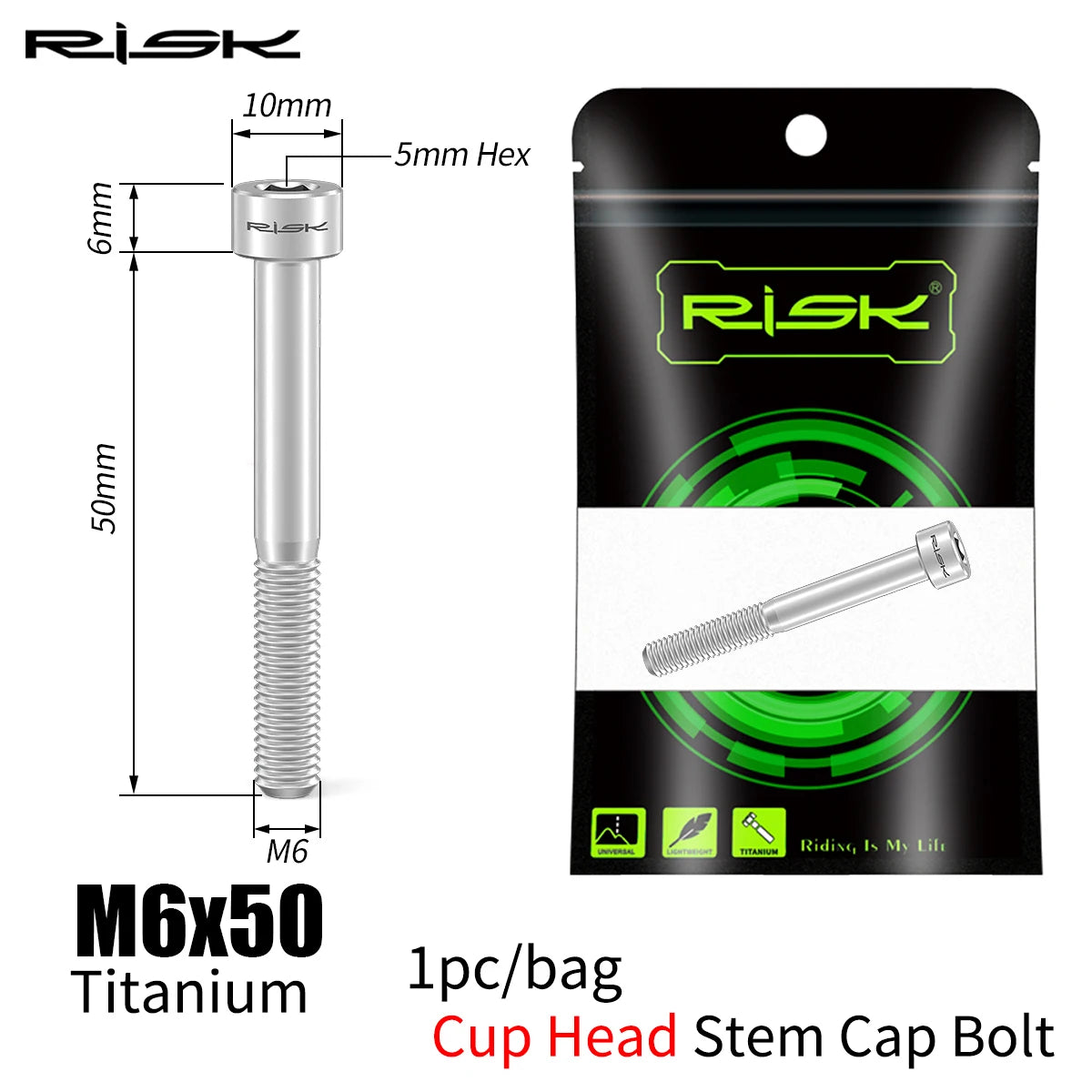 RISK Bicycle Titanium Bolt Screw M6X30 M6X35 M6X40 M6X50 for Bicycle Headset Stem Cap Cover Disc Brake Caliper Flat Allen Head