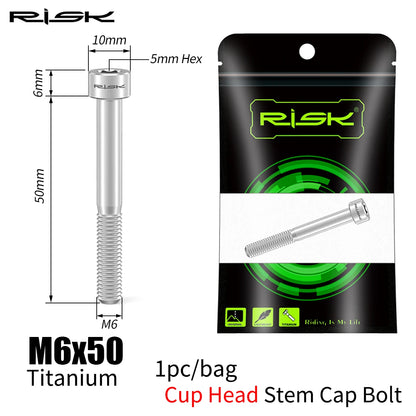 RISK Bicycle Titanium Bolt Screw M6X30 M6X35 M6X40 M6X50 for Bicycle Headset Stem Cap Cover Disc Brake Caliper Flat Allen Head