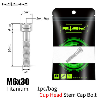 RISK Bicycle Titanium Bolt Screw M6X30 M6X35 M6X40 M6X50 for Bicycle Headset Stem Cap Cover Disc Brake Caliper Flat Allen Head