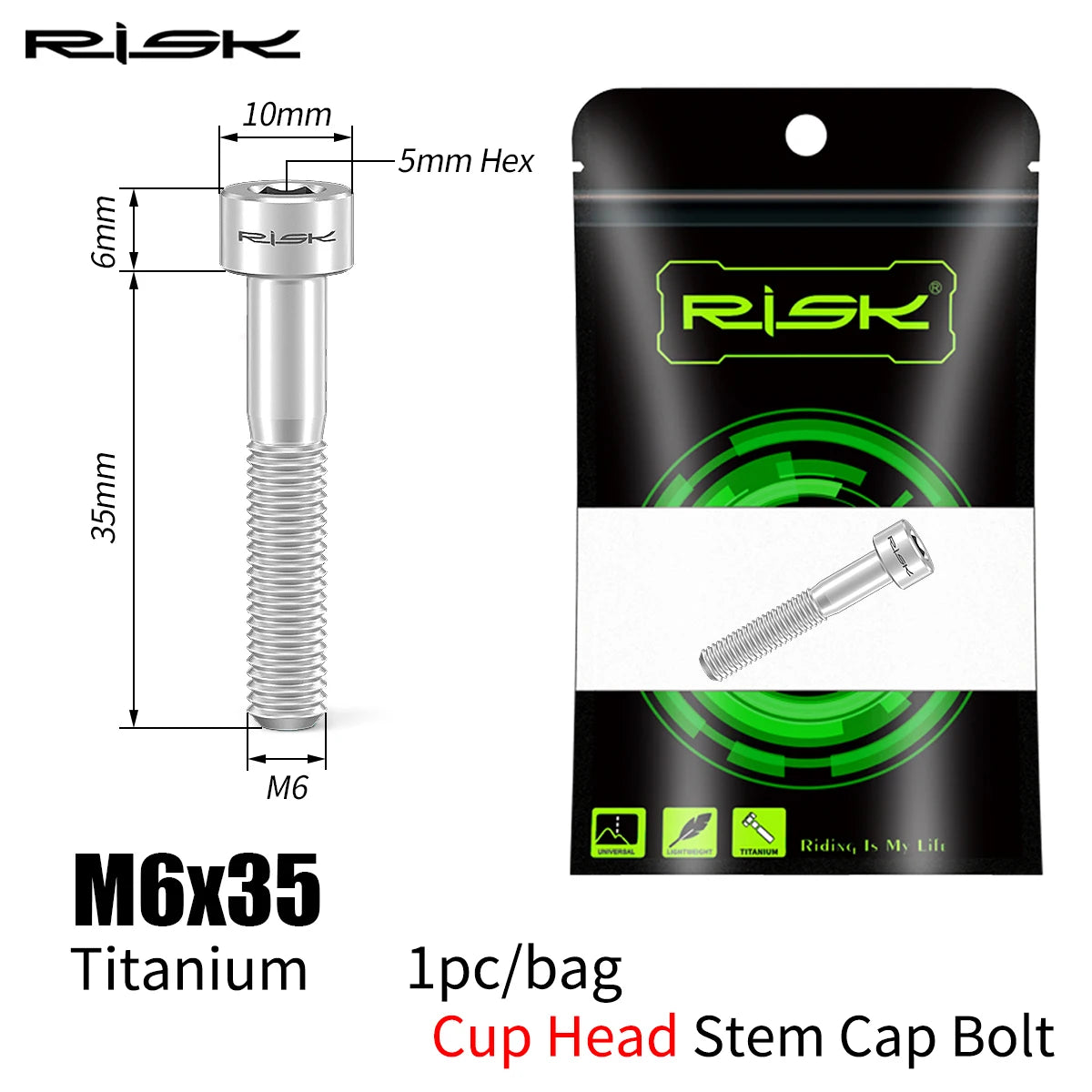 RISK Bicycle Titanium Bolt Screw M6X30 M6X35 M6X40 M6X50 for Bicycle Headset Stem Cap Cover Disc Brake Caliper Flat Allen Head