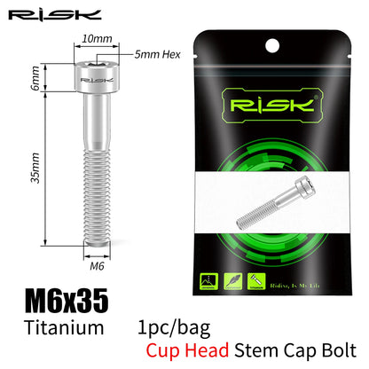 RISK Bicycle Titanium Bolt Screw M6X30 M6X35 M6X40 M6X50 for Bicycle Headset Stem Cap Cover Disc Brake Caliper Flat Allen Head